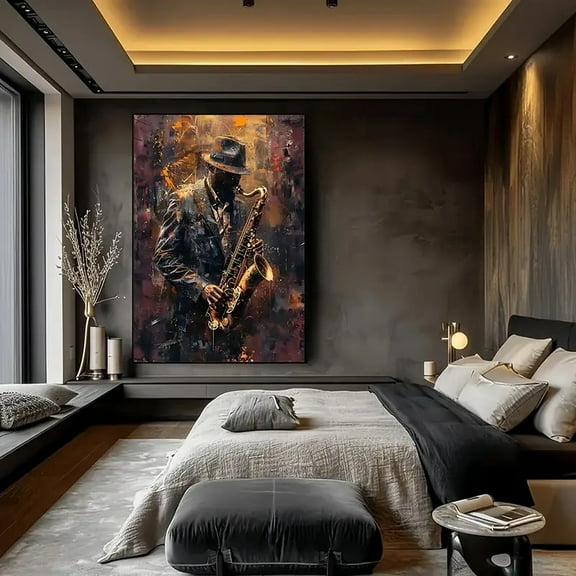 2D Flat, 1pc Extra Large Saxophonist Painting - Modern Abstract Jazz Music Poster in Black, Golden, Red, Brown - Canvas Print Wall Art Decor for Living Room, OBedroom Artwork, Dynamic Brushstrokes