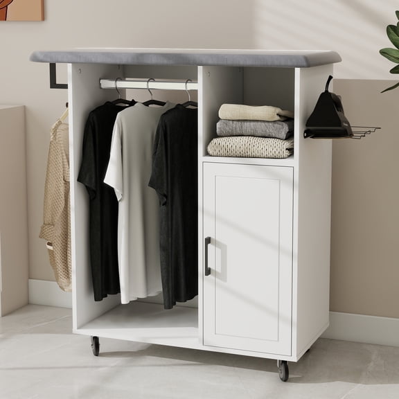 HSUNNS Ironing Cart with Ironing Board, Compact Ironing Solution with Adjustable Shelves, Closed Compartment and Iron Rack, Ironing Cabinet with Wheels for Laundry Room and Cloakroom, White
