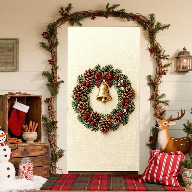 Cortina Navideña para Puerta de 89 X 183 Cm | Tejido de Poliéster con Bordado Estereoscópico | Cortina Festiva Duradera | Decoración de Pared Navideña | Multiusos para Puertas, Paredes y Mesas