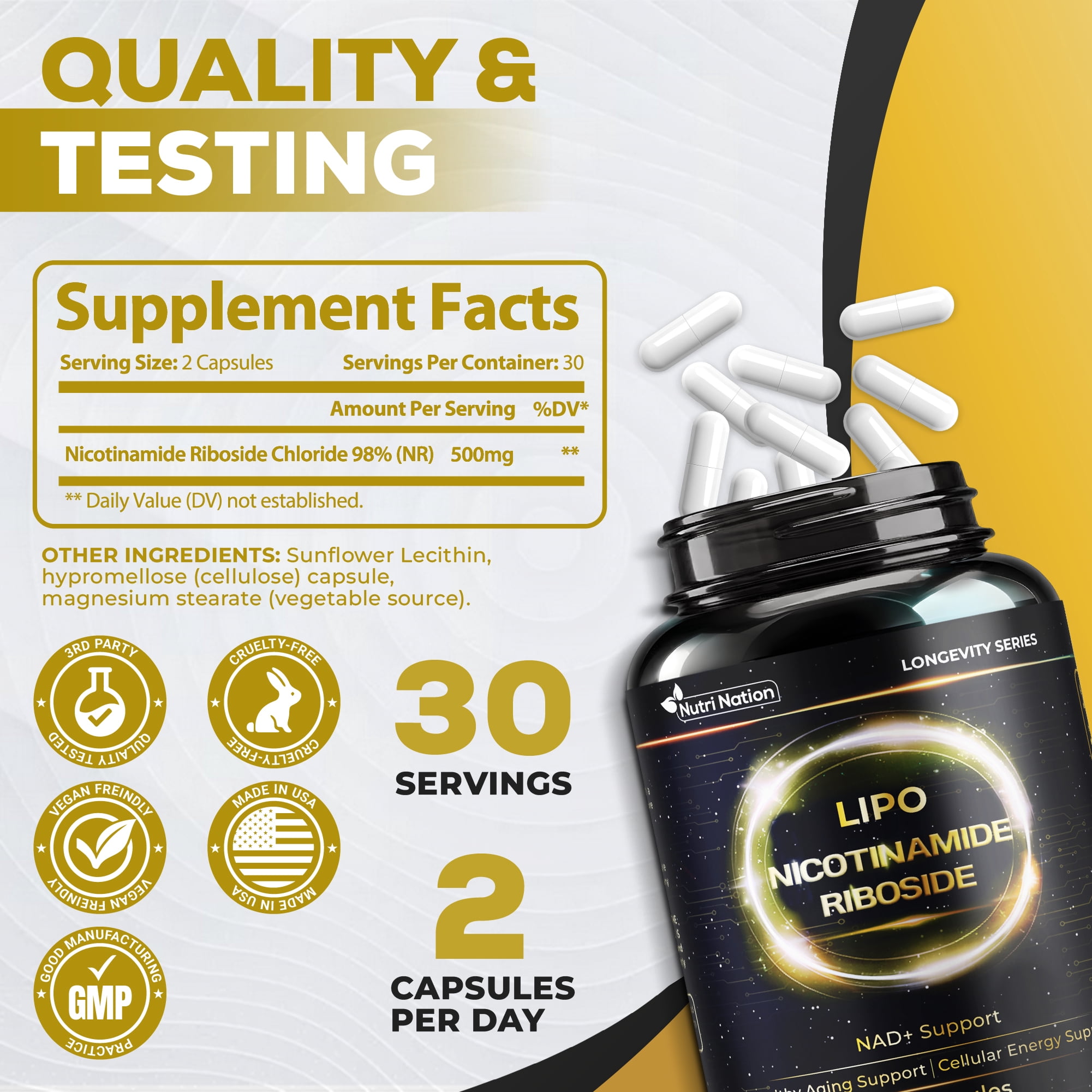 Nutri Nation Liposomal NAD Supplement Nicotinamide Riboside 500mg 120 ct, Energy and General Wellness 2 Bottle Bundle