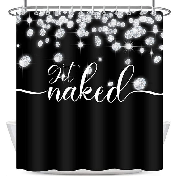 Get Naked Shower Curtain Diamond Rain 72 x 72 Inches, Cute Black and White Shower Curtains with Funny White Text on Black Background, Waterproof Polyester Bathroom Curtains with Hooks