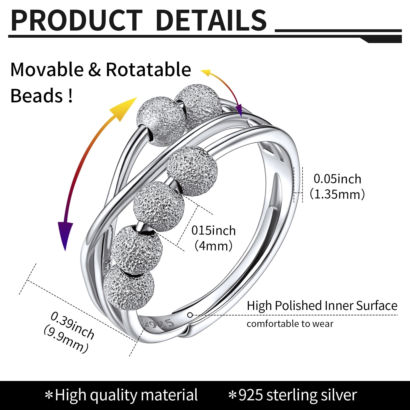 ChicSilver Fidget Anxiety Ring for Women 925 Sterling Silver Spinning Spinner Rings for Men Adjustable Stress Relief Jewelry Gifts for Teens Birthday
