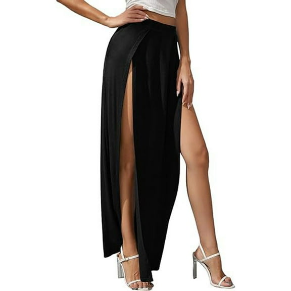 OSOLU Solid Color Women Elastic Waist High Split Wrap Flowy Long Maxi Skirt Classic Skirts