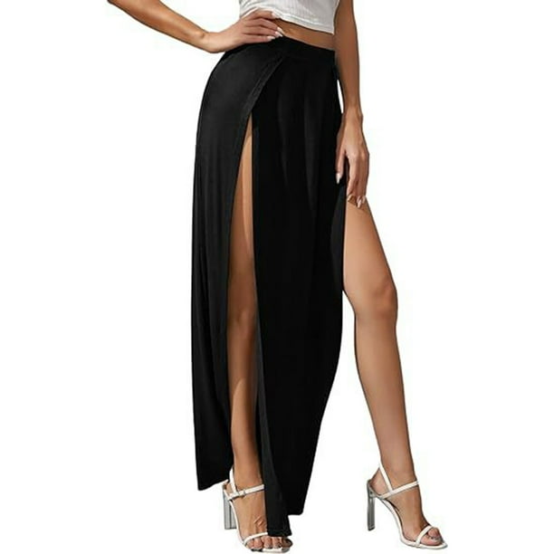 Falda larga elástica con abertura alta y cintura elástica para mujer - Estilo bohemio versátil, S-XXL