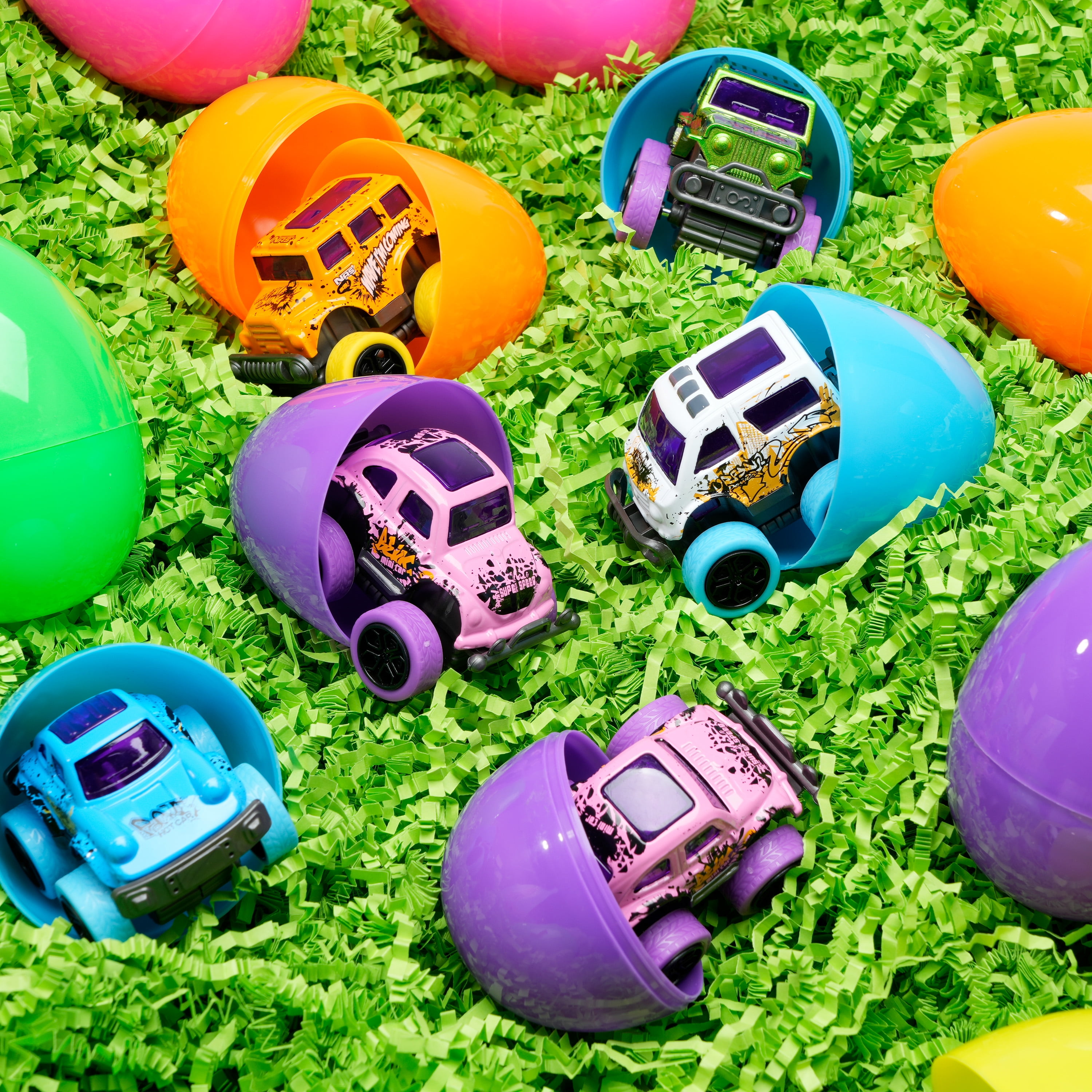 Joyfy 24 Pcs Easter Eggs Filled with Toys(12 Cars and 12 Eggs),Easter Egg Fillers Mini Toys Truck Basket for Toddlers Kids Boys,Easter Egg Hunt Supplies