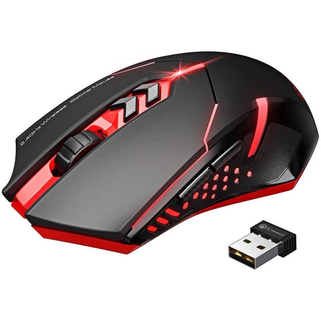 Wireless Gaming Mouse with Unique Silent Click, Breathing Backlit, 2 Programmable Side Buttons, 2400 DPI, Ergonomic Grips, 7-Button Design