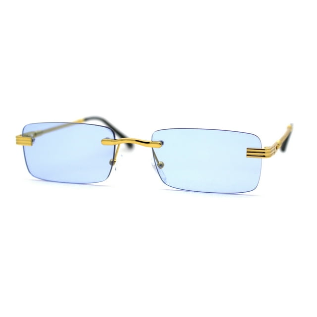 Art Nouveau Luxury 90s Rimless OG Narrow Rectangle Sunglasses Gold Solid Blue