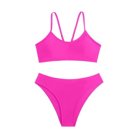 Ladies Swimsuits Summer Beach Solid Color Backless Bikini Split Set Hot Pink Women s Swimwear M