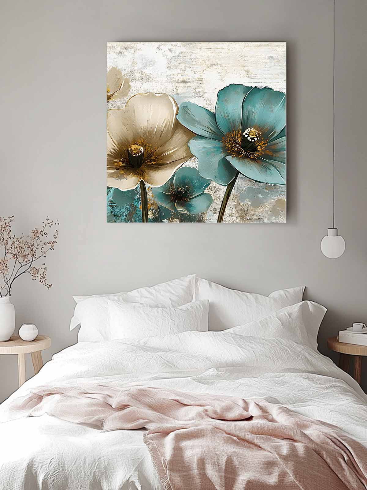 Retro Beige Teal Flowers Canvas Wall Art, Vintage Background Pastoral Style Framed Wall Decor Modern Artwork Prints Painting for Living Room, Bedroom, Kitchen & Cafe Decor 16x16 Inch