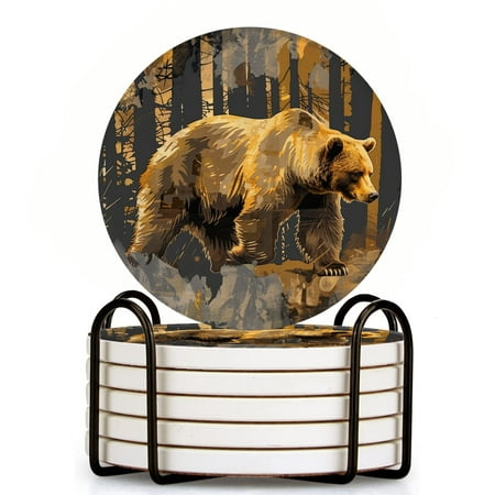 

Bahomeck Drink Coasters Set Of 6 With Holder Grizzly Bear Walking Through The Forest (2) Water Absorbent Ceramic Coasters Tabletop Protection Suitable For Various Cup Home Decor