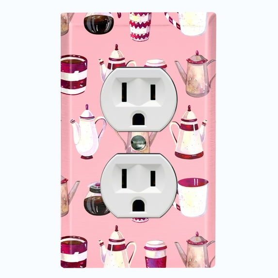 Metal Light Switch Wall Plate Outlet Cover (Coffee Mocha Espresso Tea Pot Kettle Maker Festive Cup Pink Pattern - Single Duplex)