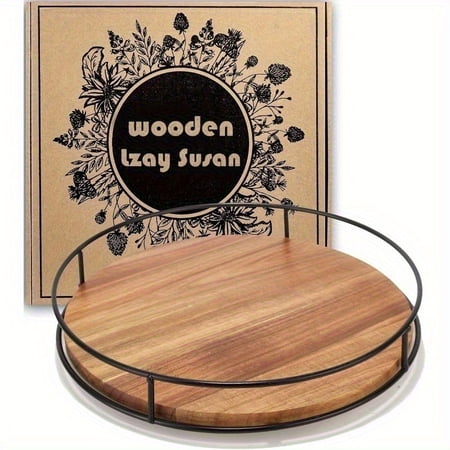 12 Inch Lazy Susan Turntable for Table, Kitchen Rustic Brown Turntable Organizer with Steel Frame, 360 Degree Decorative Lazy Susan for Countertop Cabinet or Centerpieces