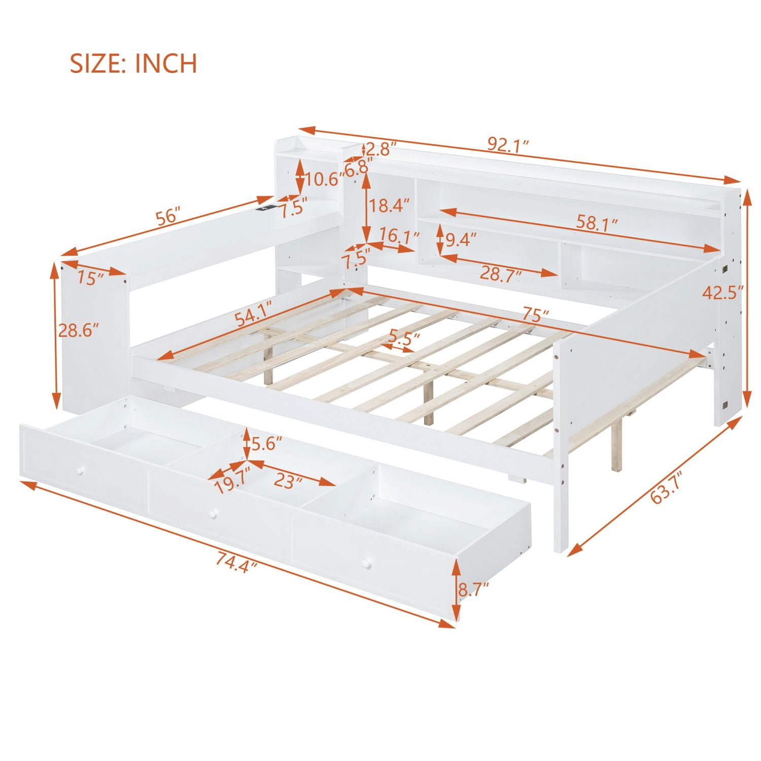Full Size Wooden Daybed with Desk, USB Ports, 3 Drawers, and Side Storage, Pine Wood Frame, 92.1 in