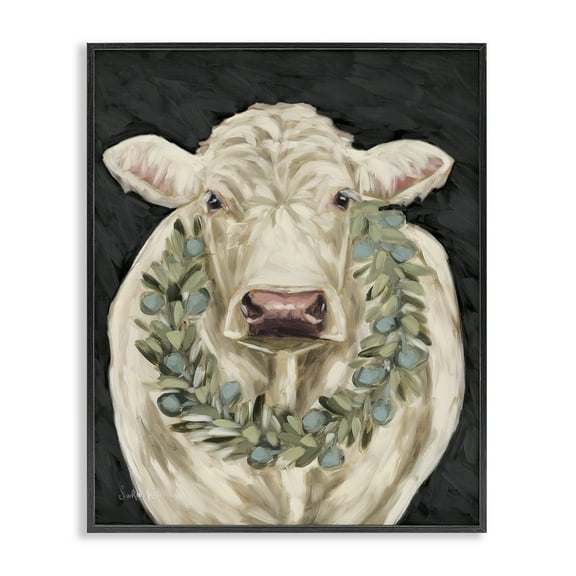 Stupell Industries Cow with Holiday Wreath Holiday Painting Black Framed Art Prints Wall Art, 11 x 14