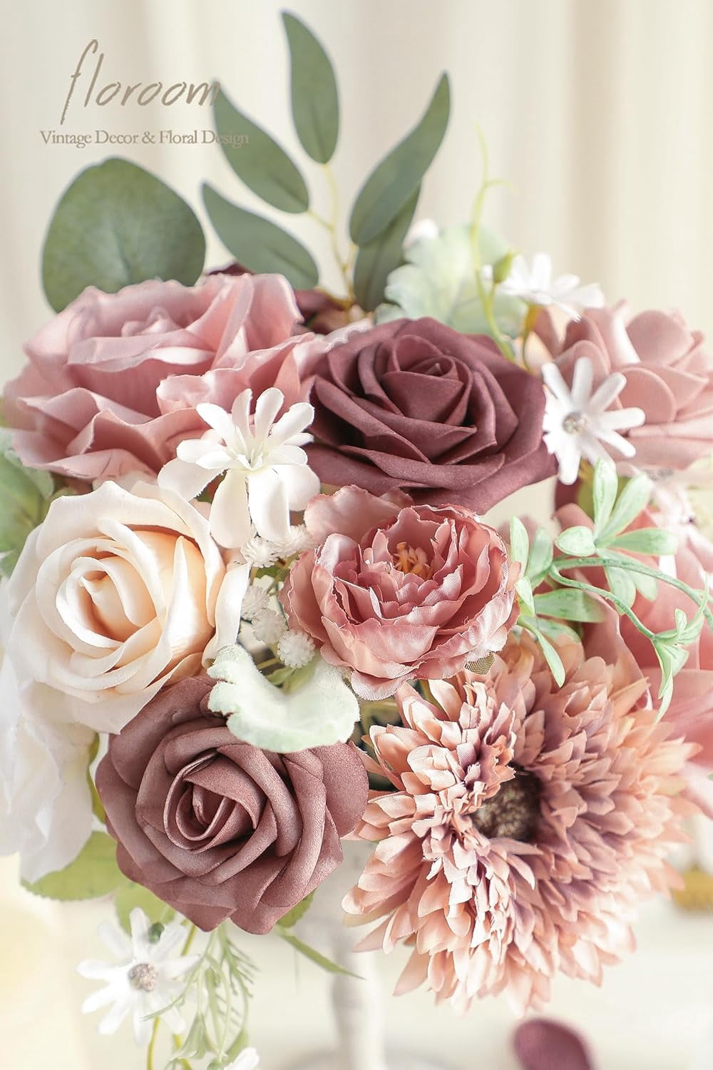 Dusty Rose Cream Artificial Flowers Fake Roses Peonies and Greenery Combo Box Set for DIY Wedding Bouquets Bridal Shower Centerpieces Floral Arrangements Party Tables Home Decorations