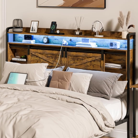 NEORIVER Headboard Queen Size, 3-Tier Storage Headboard with Outlets, USB Ports and LED Light, Queen Headboard Only with Sliding Barn Doors, Width Adjustable, Queen Headboard for Queen Size Beds