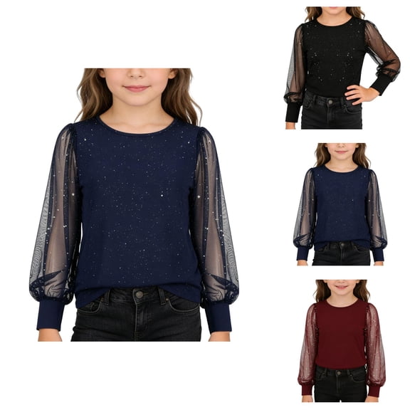 Shimmering Sequin Long Sleeve Sheer Mesh Tunic Top, Girls Dressy Glitter Blouse Crewneck Party Shirt for Kids Ages 4-14