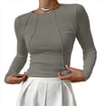 thumbnail image 2 of Camisas de Larga para Mujer, Corte Entallado, Cuello Redondo, Ropa de Otoño, Costuras Expuestas, Blusas Básicas Acanaladas. Judías XL, 2 of 7