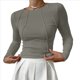 thumbnail image 2 of Camisas de Larga para Mujer, Corte Entallado, Cuello Redondo, Ropa de Otoño, Costuras Expuestas, Blusas Básicas Acanaladas. Judías L, 2 of 7