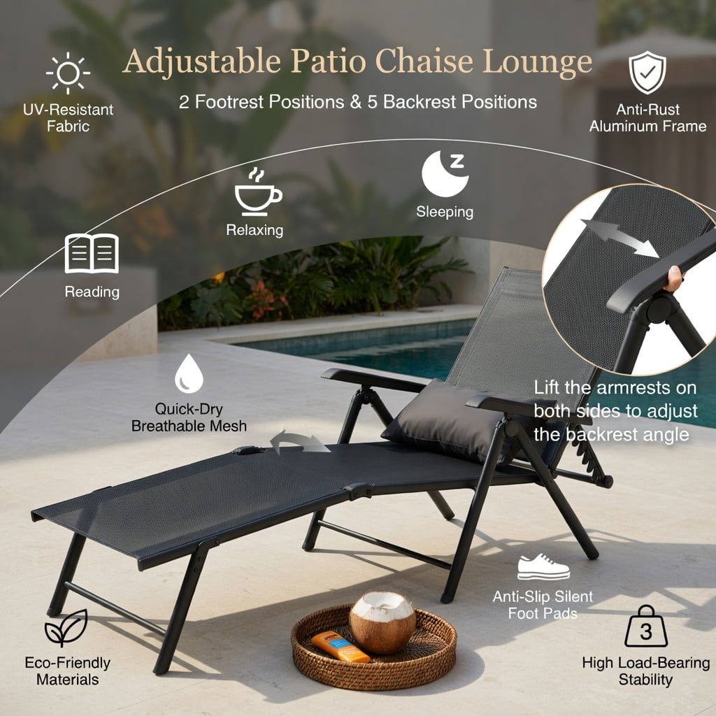Hommoo 2-Pack Foldable Chaise Lounge Chair with 5-Position Reclining Backrest & 2-Position Adjustable Footrest, Outdoor Patio, Poolside & Garden Use, Gray