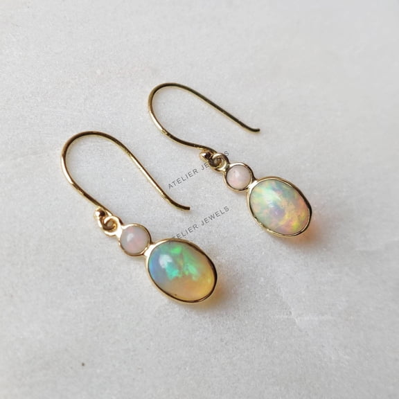 14K Gold Opal Earrings, Natural Ethiopian Opal Earrings, 14k Solid Yellow Gold Earrings, October Birthstone, Dainty earrings, Gift For her