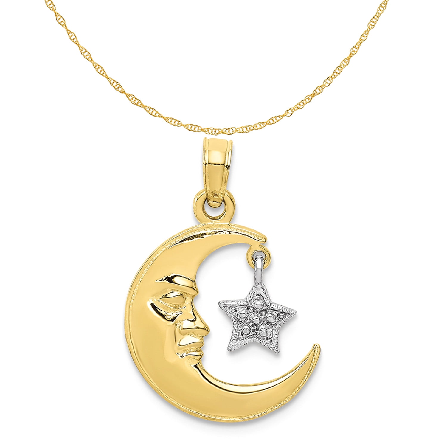 Details about   10k Two Tone Gold Half Moon With Face And Dangling Star Charm Pendant 