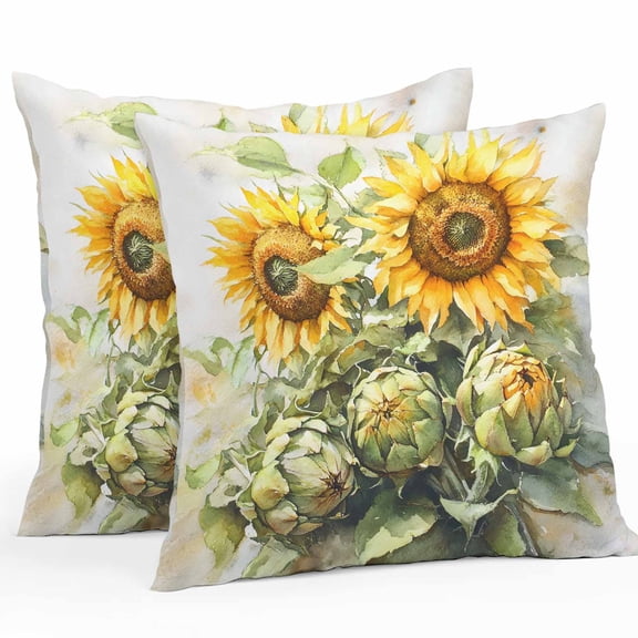 Outdoor Waterproof Pillow Covers Pack of 2, Summer Sunflower Vintage Watercolor Floral Plant Decorative Throw Pillowcases Cushion Covers for Garden Patio Tent Sofa Couch, 16x16 inch