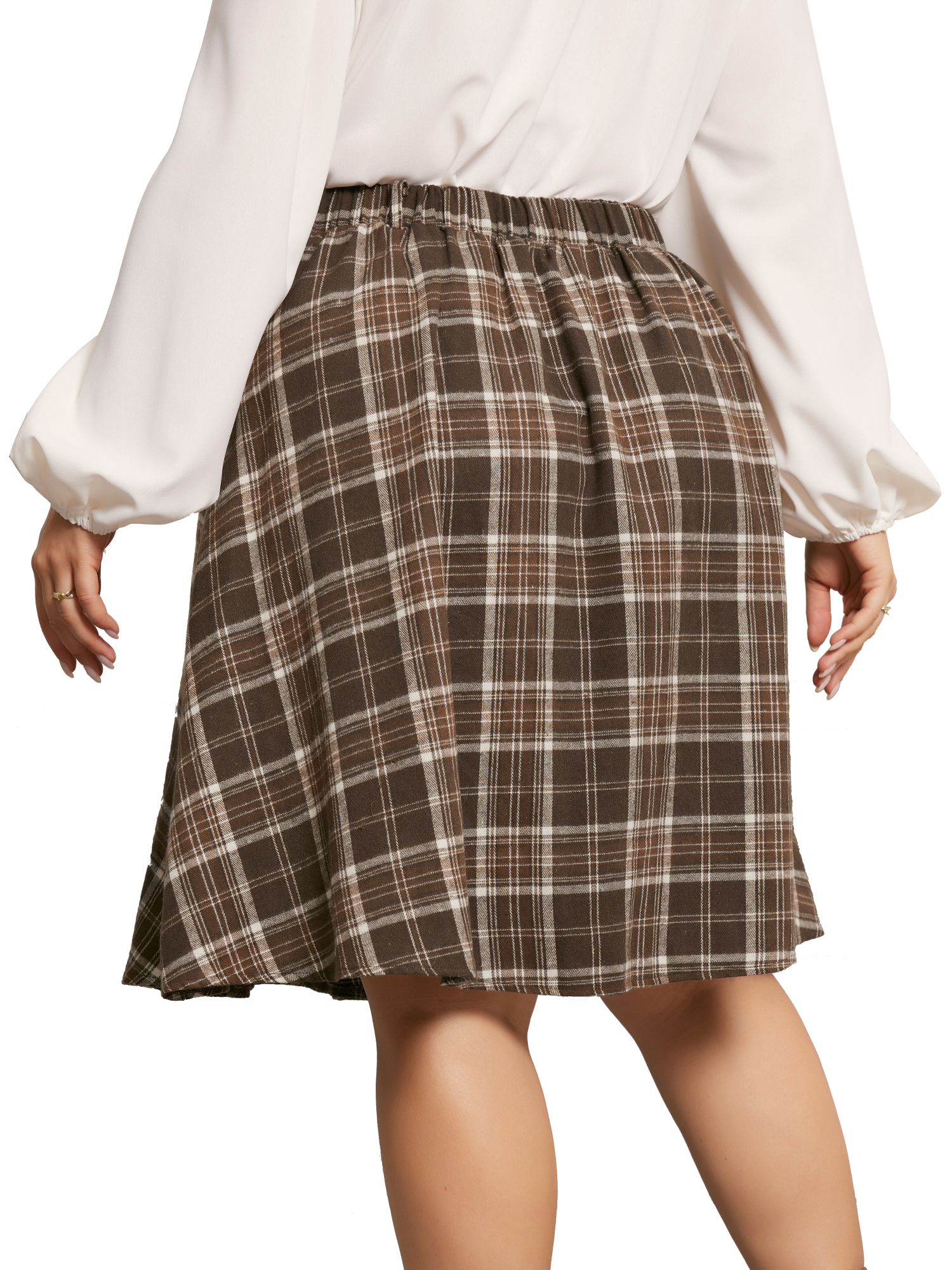 DARING DIVA Women's Plus Vintage Plaid Elastic A-Line Skirt with Pockets 2X Brown