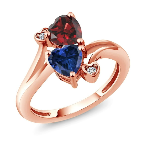 Gem Stone King 18K Rose Gold Plated Silver Red Garnet Blue Created Sapphire and White Moissanite Ring for Women (1.83 Cttw, Heart Shape 6MM, Gemstone January Birthstone, Size 7)