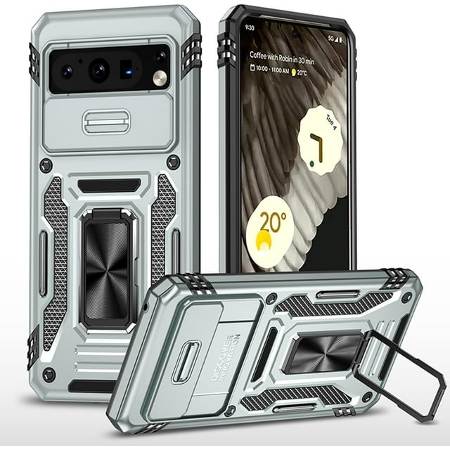 KOMI Case for Google Pixel 9/ 9Pro/ 9ProXL, Ring Holder Case with Magnetic, Lens Sliding Push Window Phone Case Slim Shock Protection (Gray, 9)