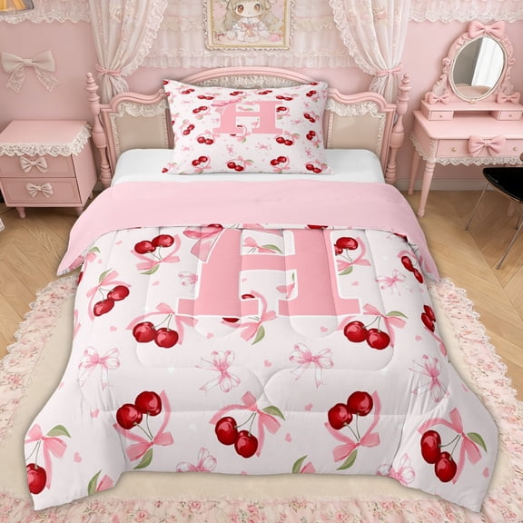 Erosebridal Princess Bow-tie Twin Comforter Sets for Kids Girls, Cartoon Initial H Letter Bedding Set, Pink Reversible, 2-Piece