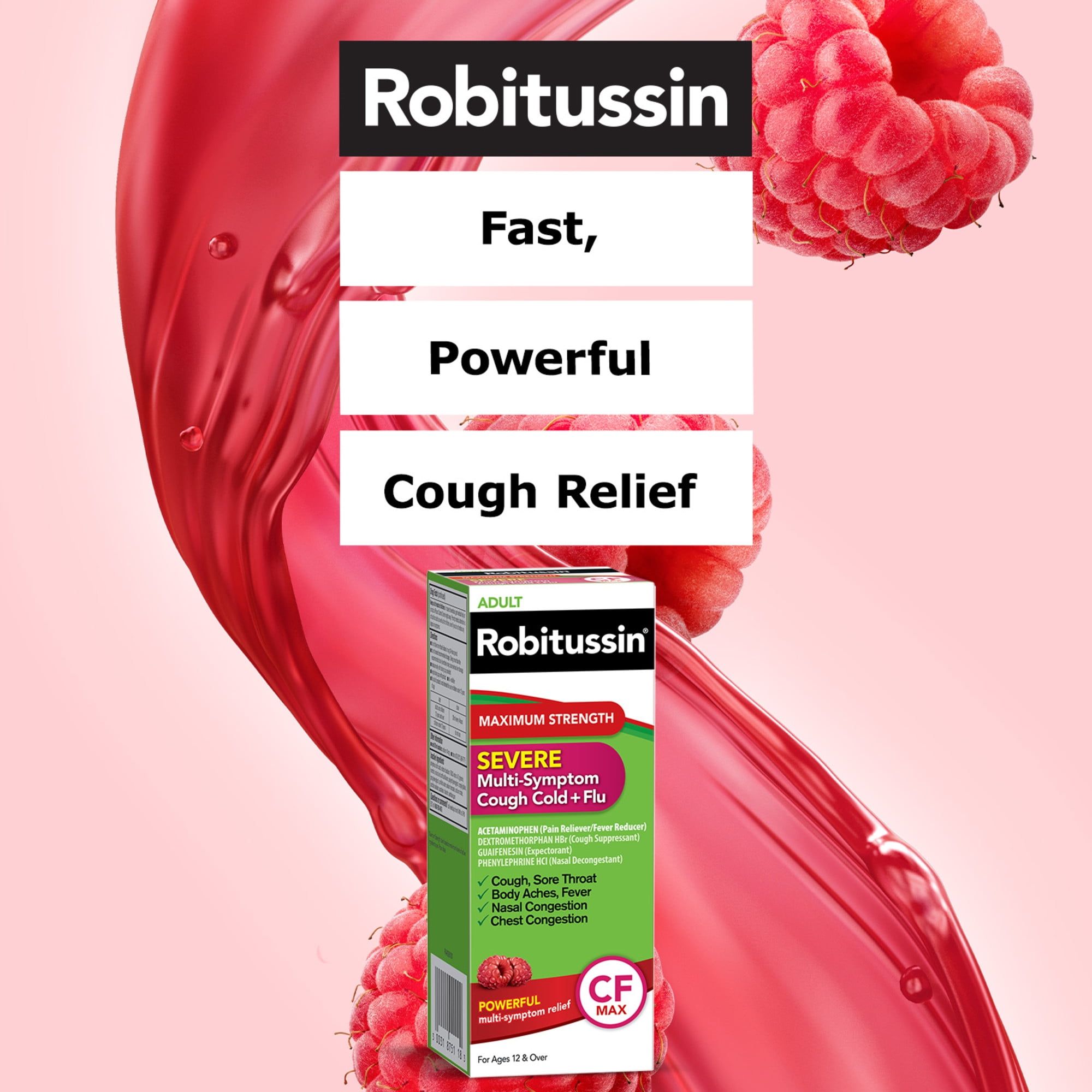 Robitussin Adult CF Max Severe Multi-Symptom Cough, Cold, and Flu Relief Medicine, Raspberry, 8 Fl Oz.