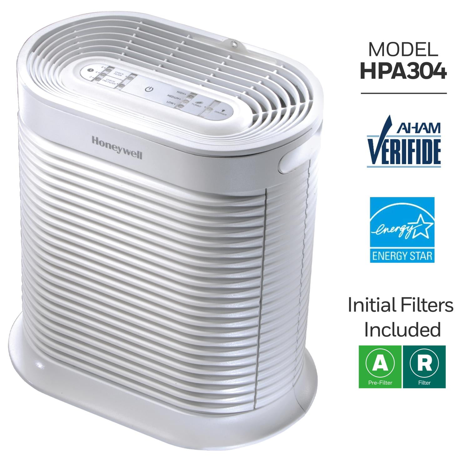 Honeywell Air Purifier HPA304 465 sq ft HEPA Filter Airborne Allergen Wildfire Smoke Pollen Pet Dander and Dust Reducer for Large Rooms