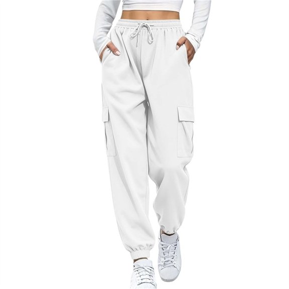 Ltctricy Cargo Pants for Women Drawstring Casual Jogger Pants Outdoor Elastic Waisted Hiking Pants with Pockets(White,X-Large)