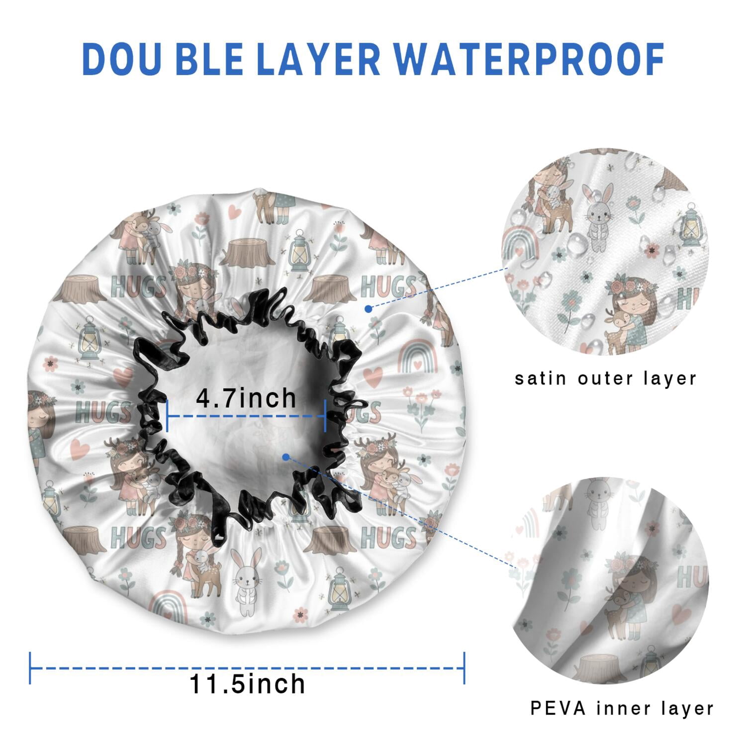 Shower Caps,White Forest Girl Pattern Waterproof Shower Cap for Women 4 Pieces,Double Reusable Hair Cover for Shower PEVA Elastic Stretch Hem