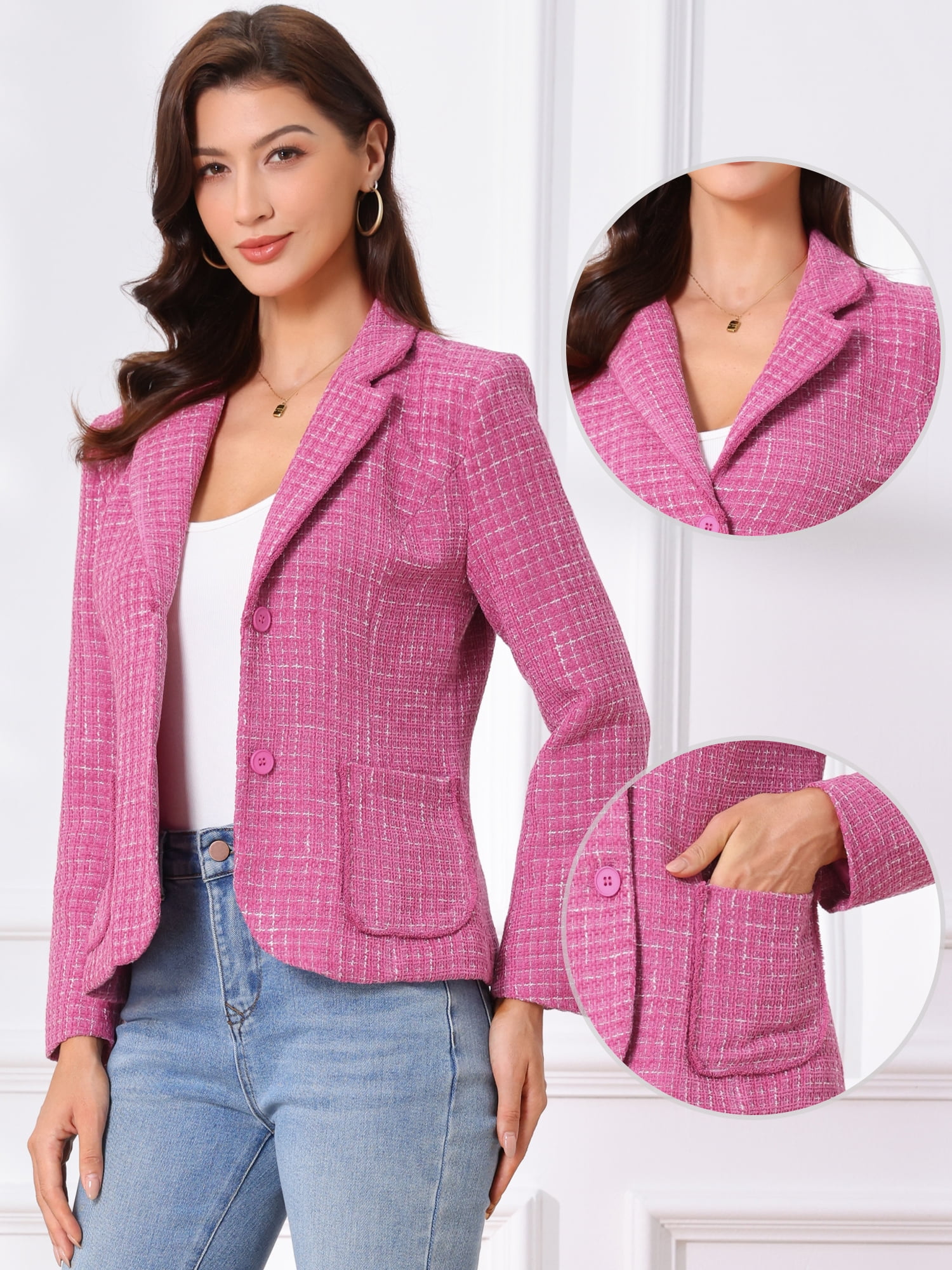 DARING DIVA Women's Notch Lapel Long Sleeve Elegant Business Casual Jacket XL Hot Pink