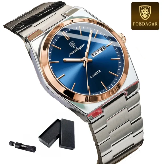 POEDAGAR Luxury Watch For Man Waterproof Luminous Date Week Stainless Steel Men Watch Casual Quartz Men's Watches Male Clock box
