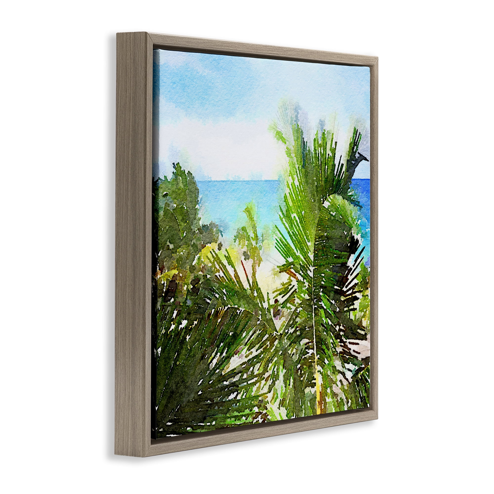 Stupell Industries Palm Leaves over Beach Landscape & Nature Painting Brown Floater Framed Canvas Art Print Wall Art, 18 x 18