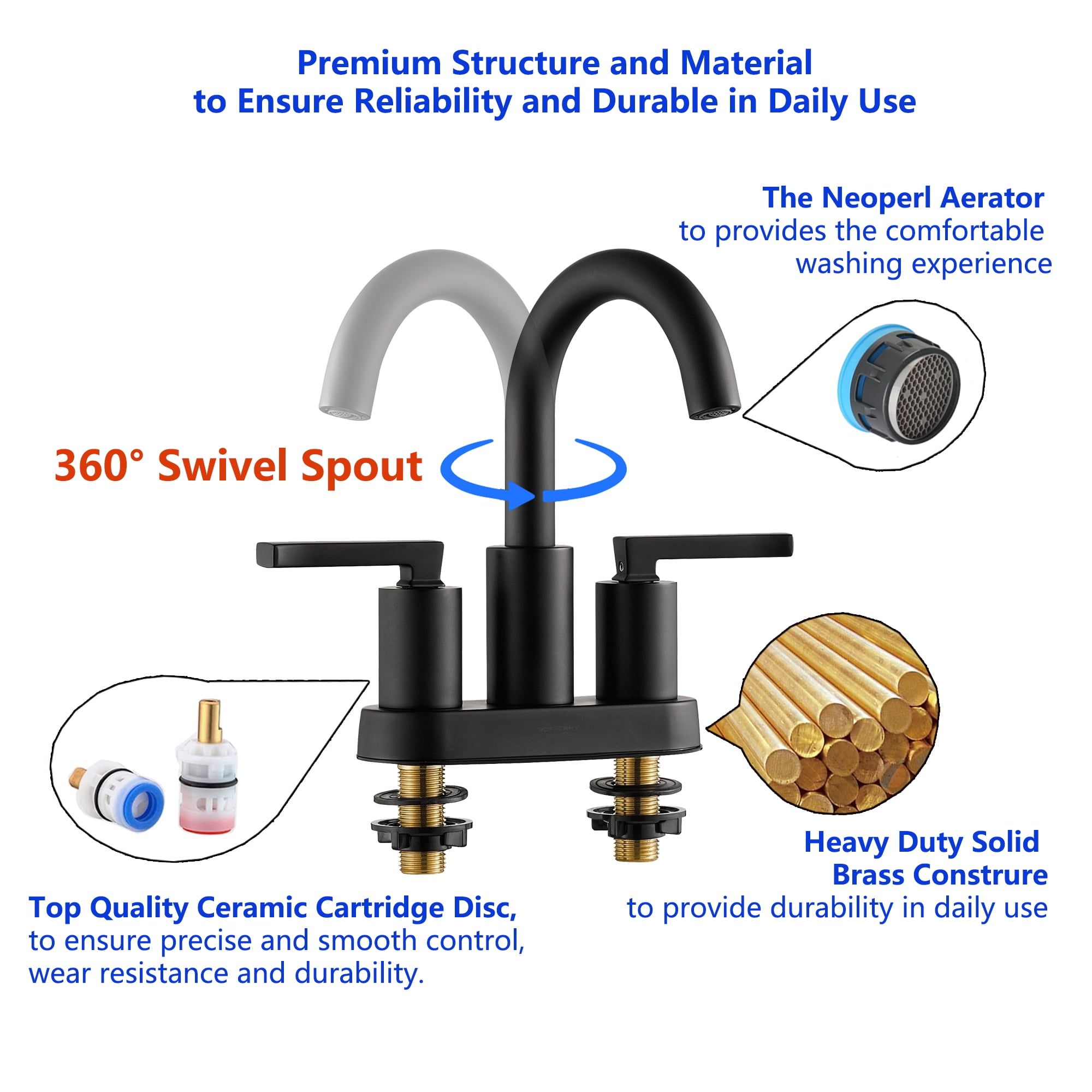 Roffenny Matte Black 4 inch Bathroom Faucet Centerset