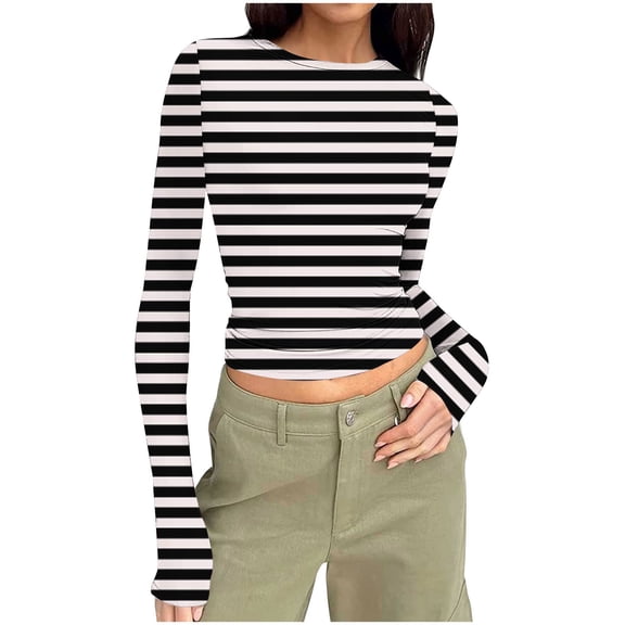 qucoqpe Womens Fitted Crop Tops Long Sleeve Crew Neck T-shirts Fashion Casual Striped Print Slim Shirts Base Blouses