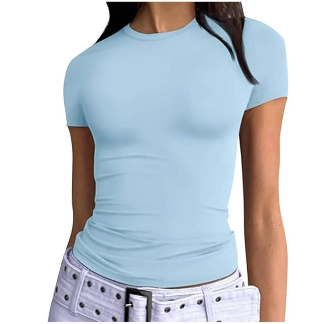 Dealovy Going out Tops for Women Short Sleeve Crewneck Shirts Solid Color Stretchy Slim Fitted T Shirts Basic Tees Top