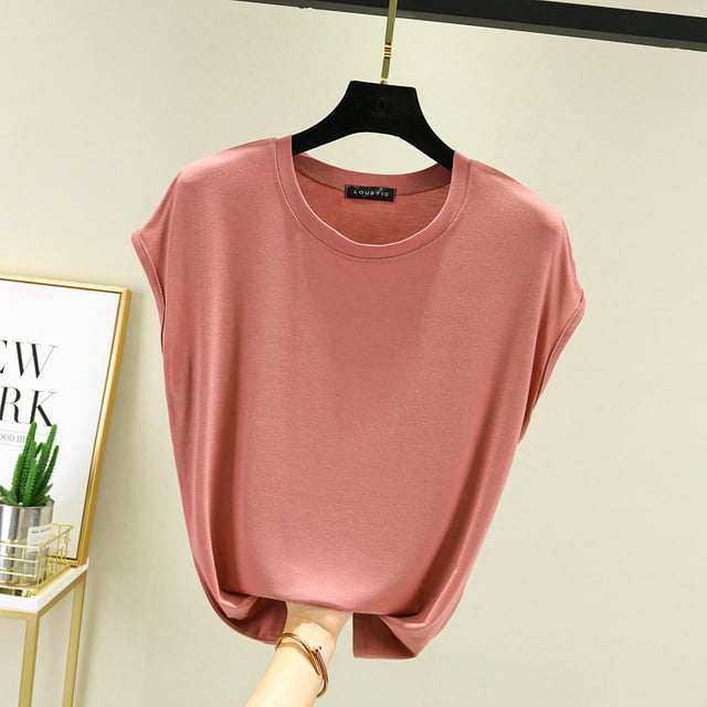 Hauts Sans Manches pour Femmes Été Modal Col Rond T-Shirt Couleur Unie Ample Décontracté T-shirts Grande Taille Mode Urbaine FJH