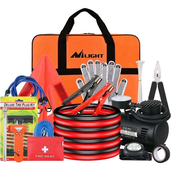 Nilight Car Emergency Kit with Jumper Cable Air Compressor Tire Repair Essential Tools First Aid Alligator Connector Electrical Kit for Travel Camping Outdoor Cars Truck SUV RV