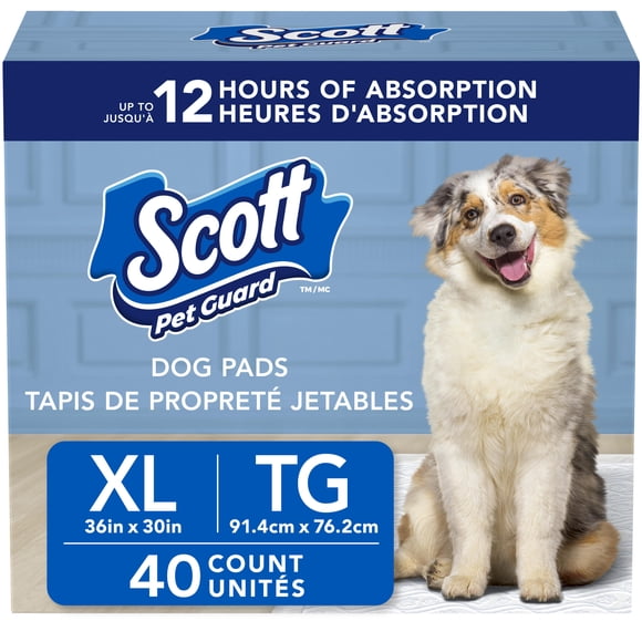 Scott Pet Guard Dog Pads - Dog Training Pee Pads for Puppies, Medium & Large Dogs - Up to 12 Hour Absorbent odour Control - Easily Disposable Dog Pee Pads - Size XL - 30" x 36" - 40 Pack