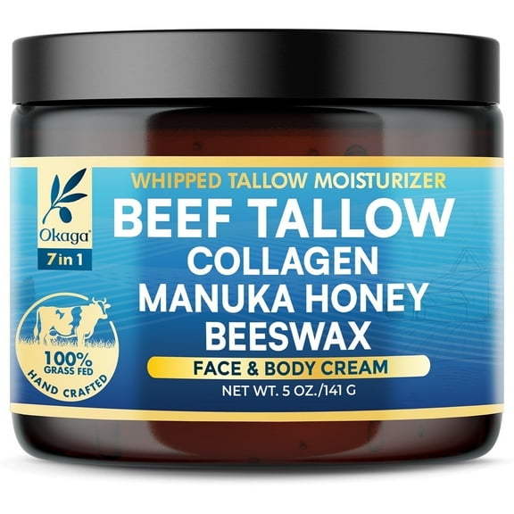 Okaga Beef Tallow for Skin, Organic Grass-Fed Beef Tallow Balm with Manuka Honey, Aloe Vera, Jojoba Oil, Collagen & Beeswax, Olive Oil, Moisturizer for Dry Skin, Nourishes Face, Body & Lips (5oz)