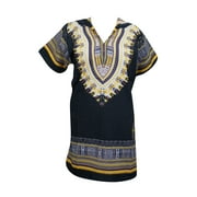 Mogul Women's Dashiki Print African Top Blouse Traditional Black Tunic Dress L