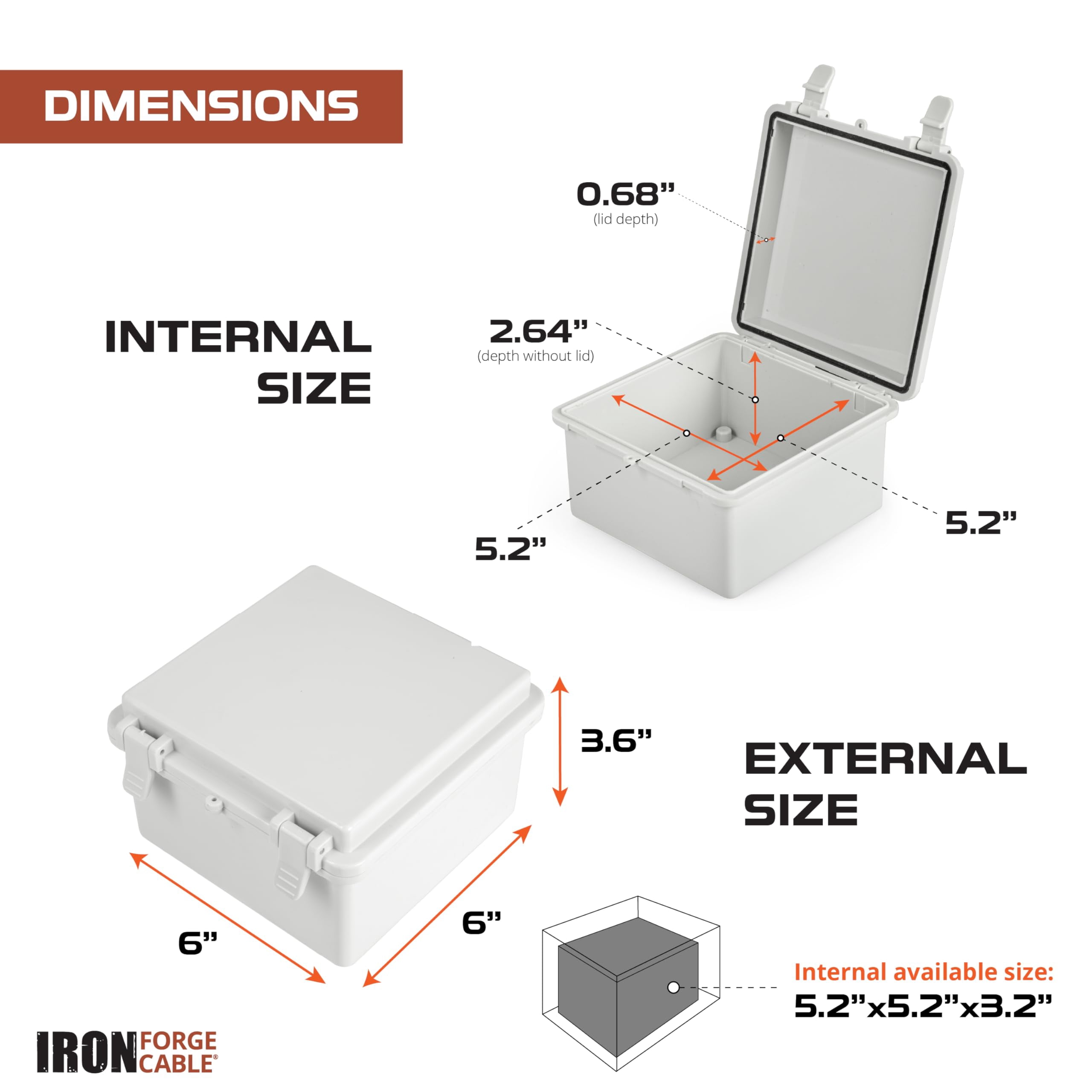 Iron Forge Cable Waterproof Junction Box - Outdoor Electrical Enclosure with Complete Accessories, ABS Plastic Project Boxes Weatherproof Hinged Light Gray Panel Cover, IP65 6" x 6" x 3.6" Inch
