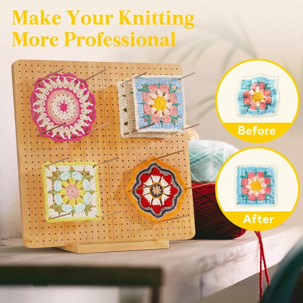 Norcho 14.4" Bamboo Crochet Blocking Board with 36 Pegs, Granny Square Mats for Knitting and Crocheting Projects