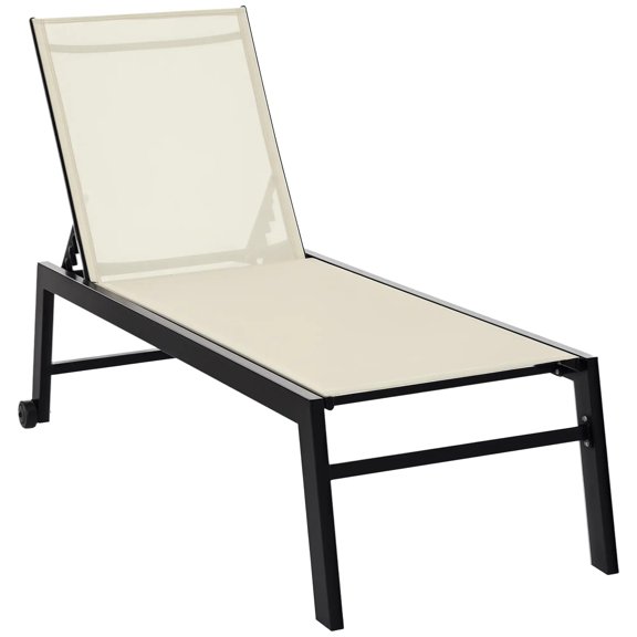 Resenkos Outdoor Chaise Lounge With Wheels, Five Position Recliner For Sunbathing, Suntanning, Steel Frame, Breathable Fabric, Cream White