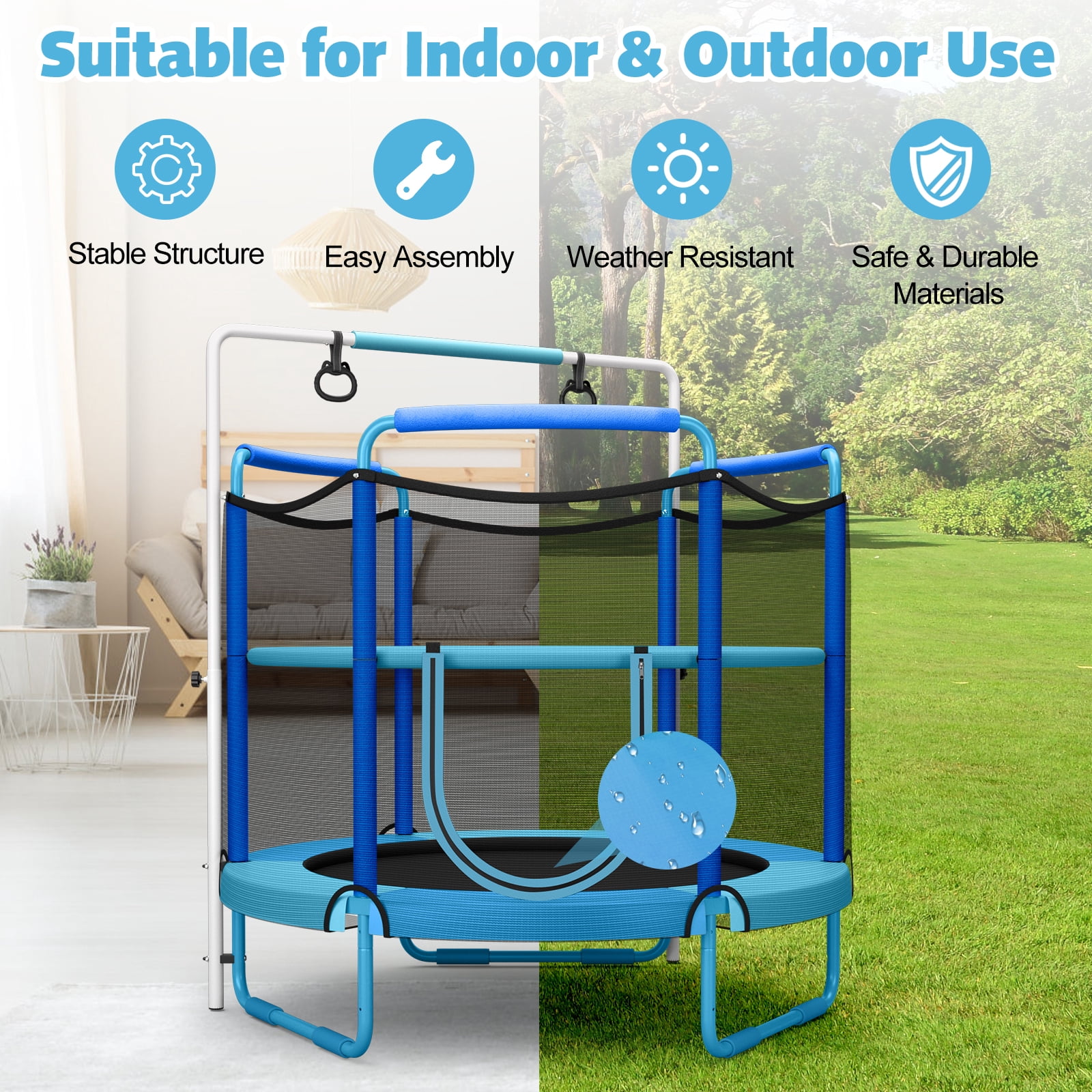 Topbuy 60 Inch Kids Trampoline, 330 LBS 3-in-1 Trampoline w/ Swinging Rings 3-Level Height Adjustable Horizontal Bar Blue